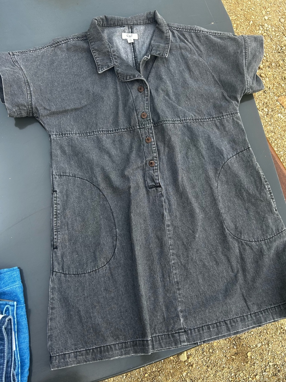Eskell Washed Black Denim Button-Front Mini Dress